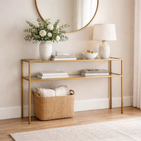 Ted Sofa Console Table w Open Shelf, 48 Inch Glass Top, Gold Iron - BM346810