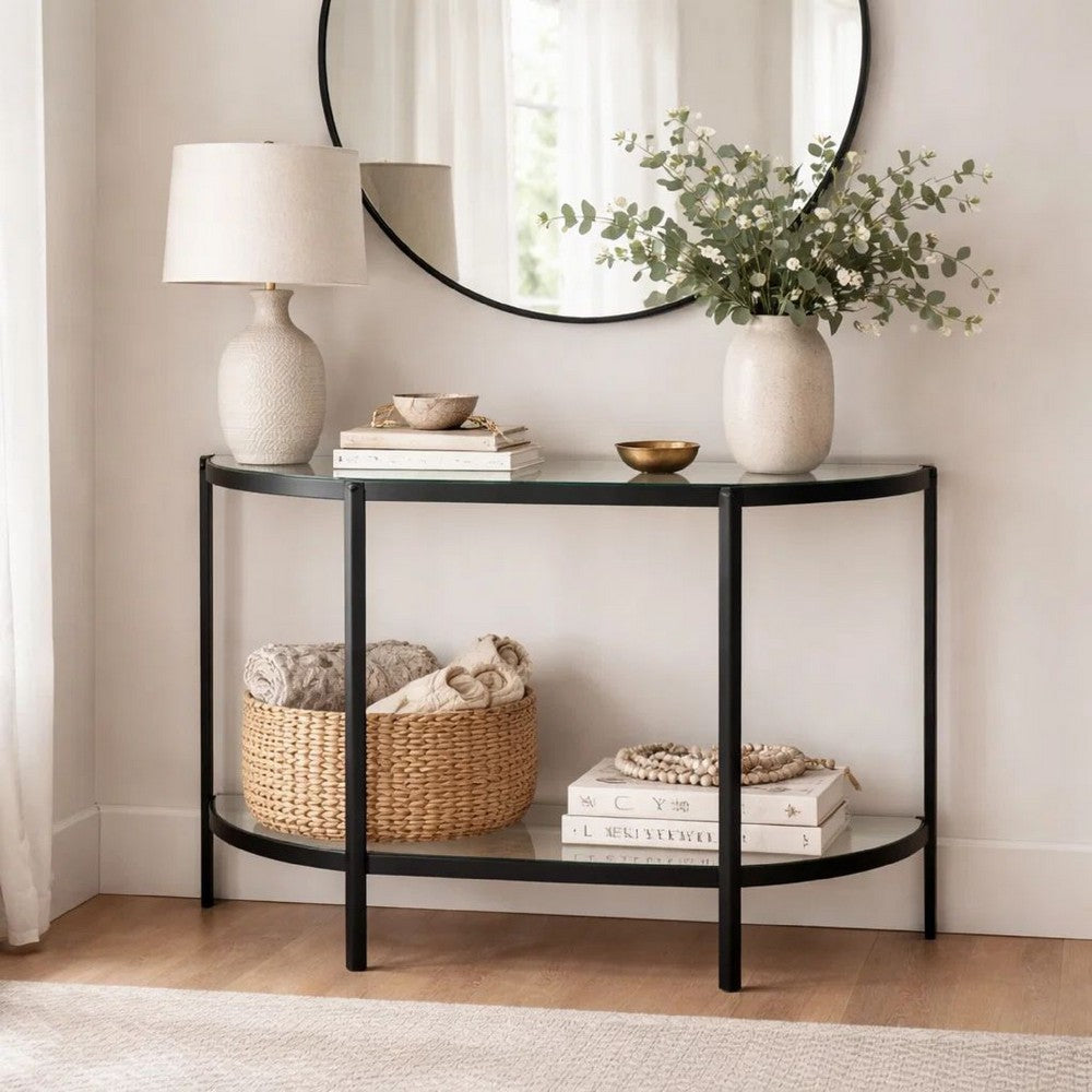 Nizy Sofa Console Table, 36 Inch Glass Top, 1 Open Shelf, Black Iron - BM346811