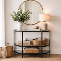 Nizy Sofa Console Table, 36 Inch Glass Top, 1 Open Shelf, Black Iron - BM346811