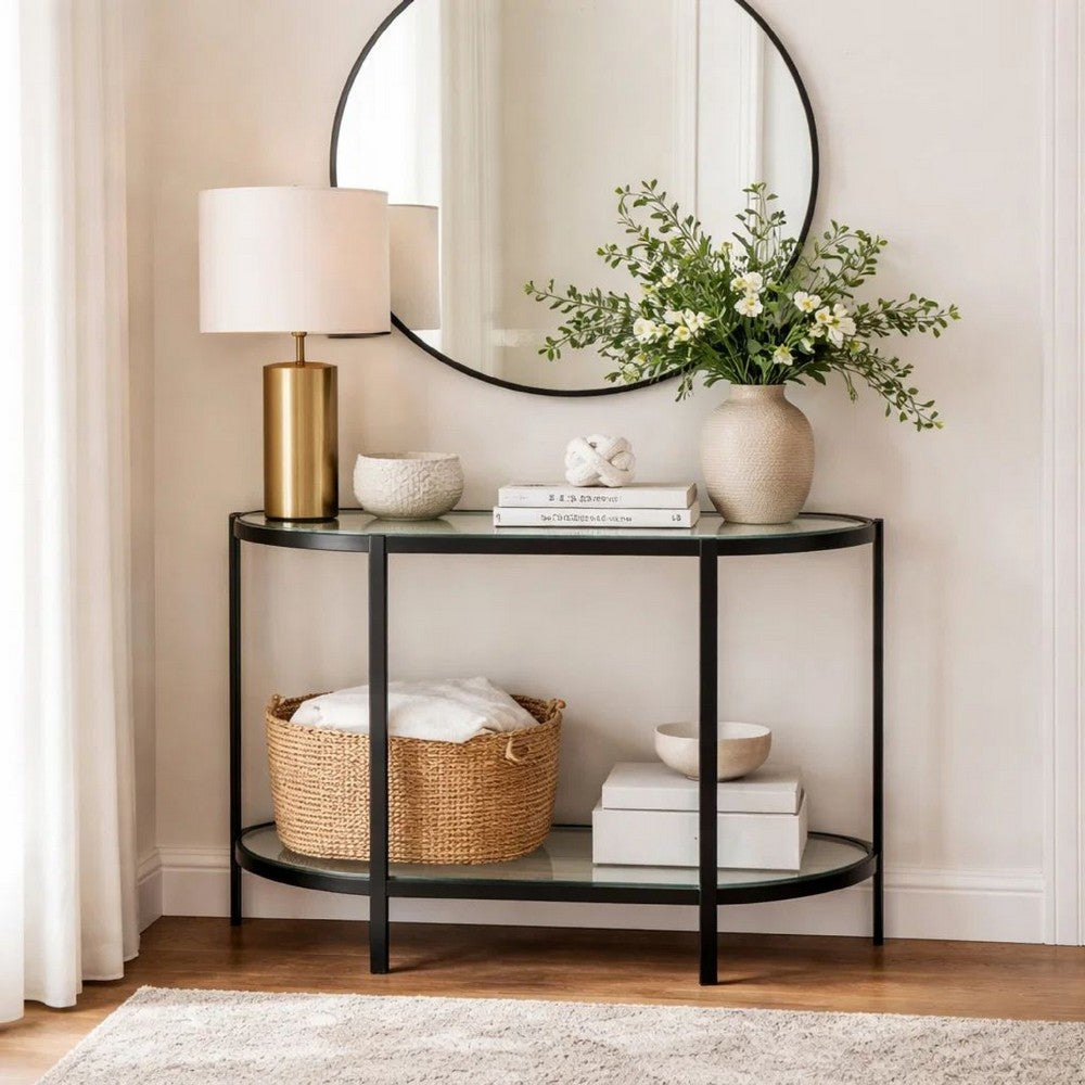 Nizy Sofa Console Table, 36 Inch Glass Top, 1 Open Shelf, Black Iron - BM346811