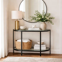 Nizy Sofa Console Table, 36 Inch Glass Top, 1 Open Shelf, Black Iron - BM346811