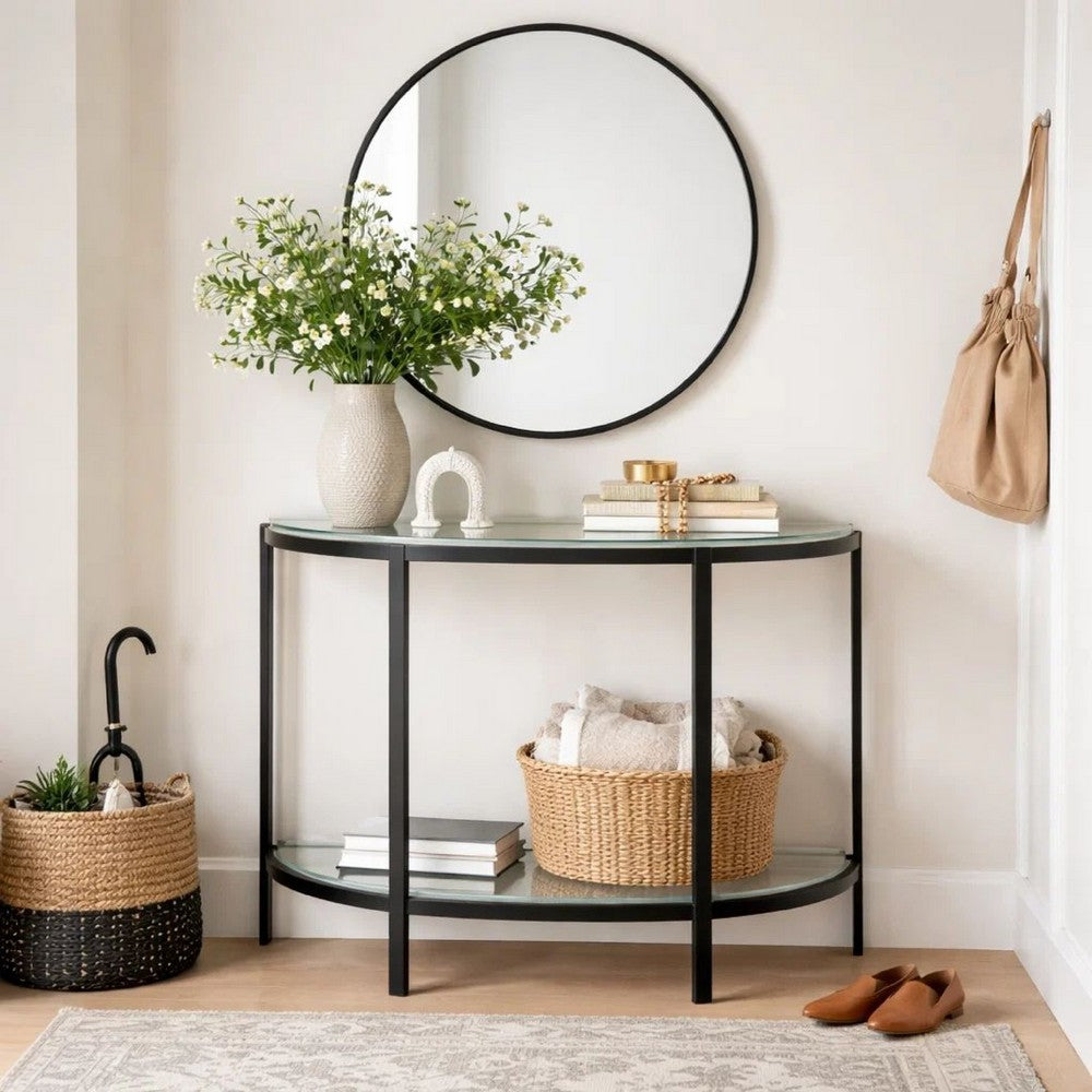 Nizy Sofa Console Table, 36 Inch Glass Top, 1 Open Shelf, Black Iron - BM346811