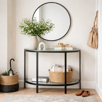 Nizy Sofa Console Table, 36 Inch Glass Top, 1 Open Shelf, Black Iron - BM346811