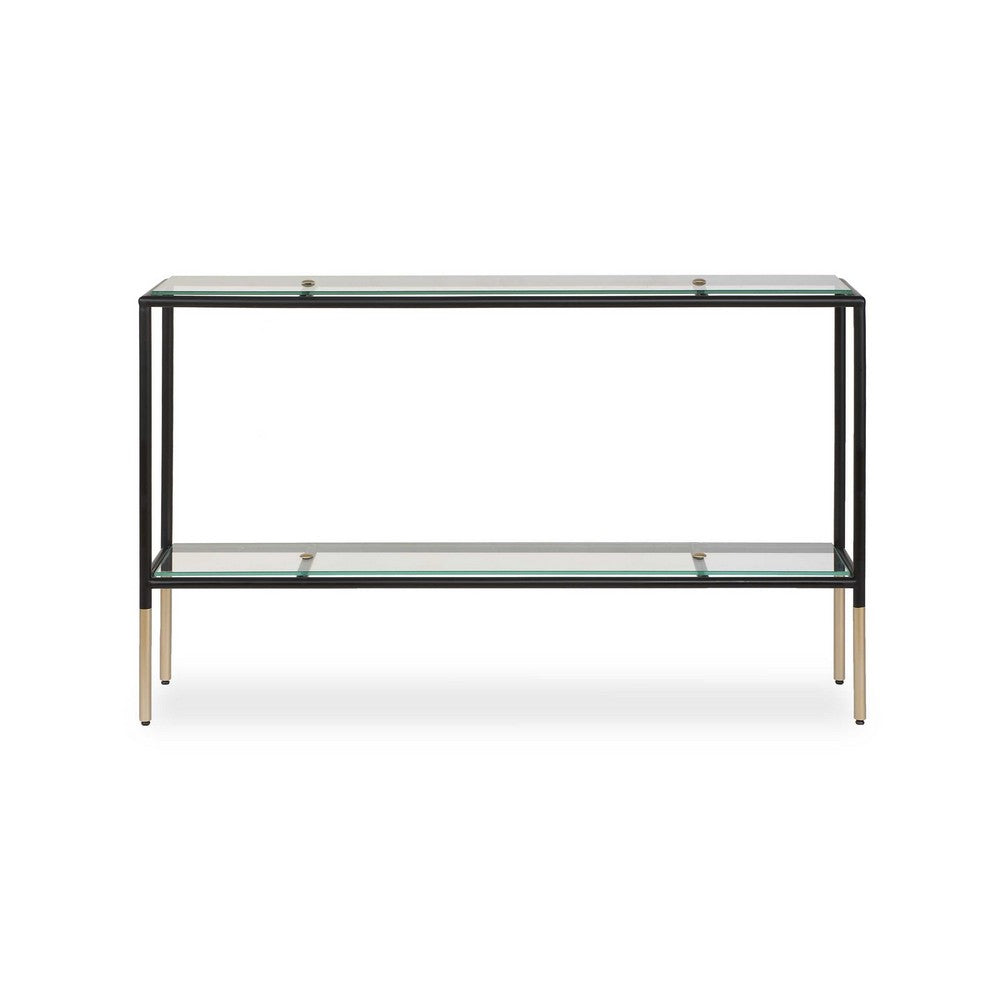 Beny Sofa Console Table, 48 Inch Glass Top, 1 Shelf, Modern Black Iron - BM346812