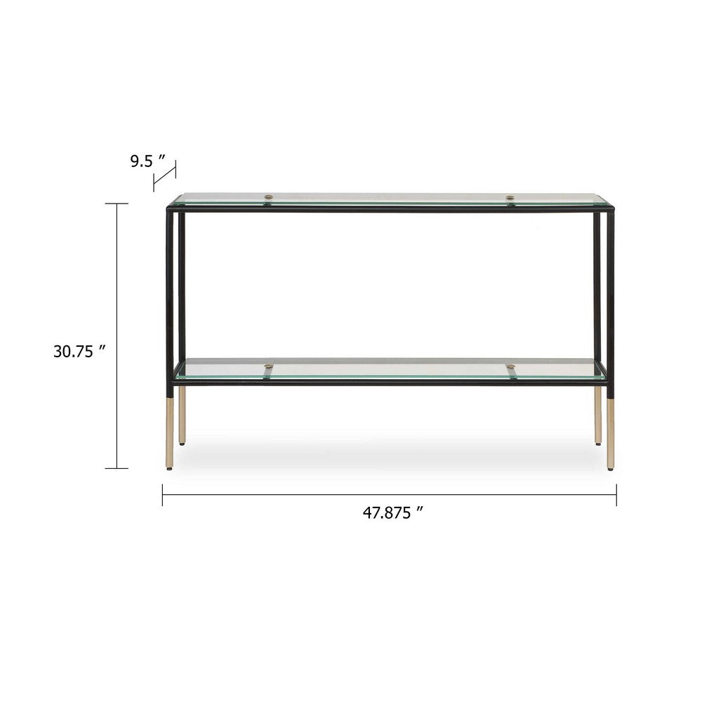 Beny Sofa Console Table, 48 Inch Glass Top, 1 Shelf, Modern Black Iron - BM346812