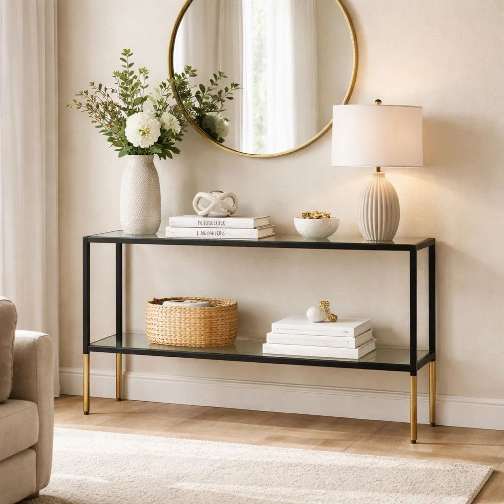 Beny Sofa Console Table, 48 Inch Glass Top, 1 Shelf, Modern Black Iron - BM346812