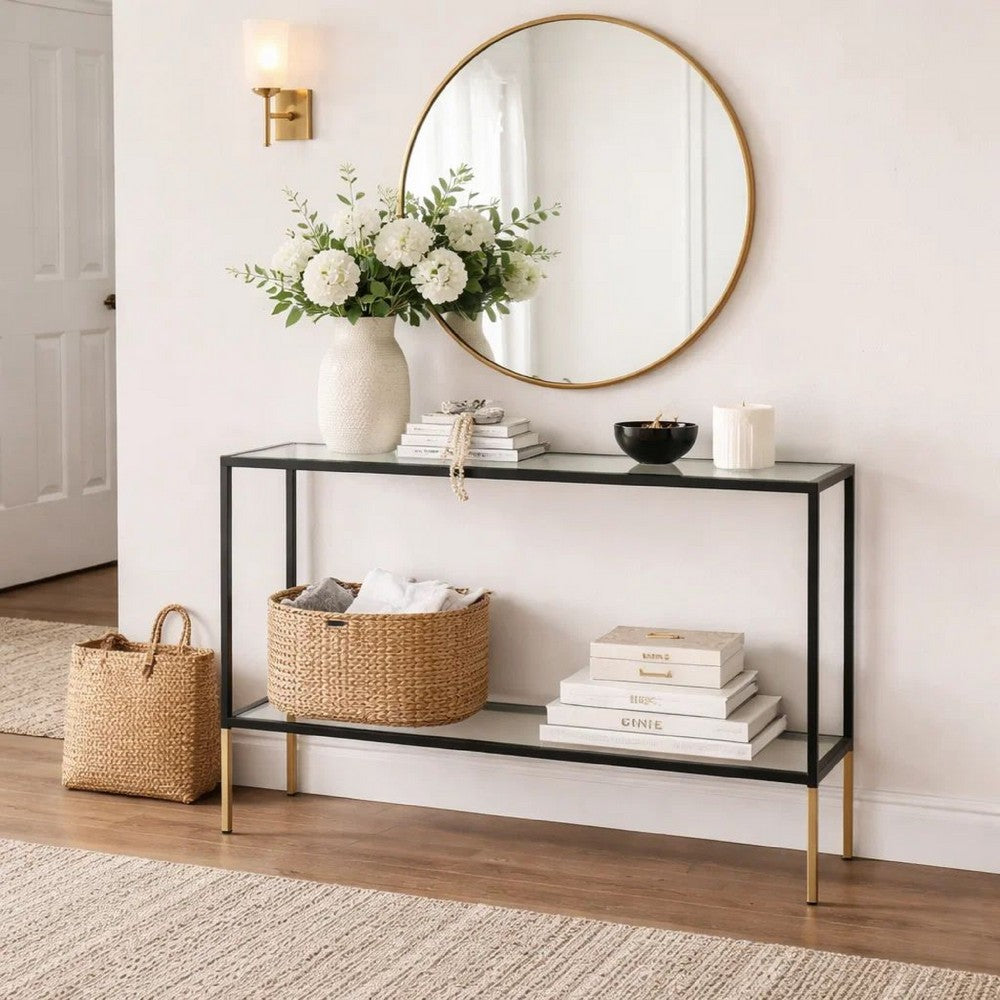 Beny Sofa Console Table, 48 Inch Glass Top, 1 Shelf, Modern Black Iron - BM346812