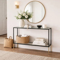 Beny Sofa Console Table, 48 Inch Glass Top, 1 Shelf, Modern Black Iron - BM346812