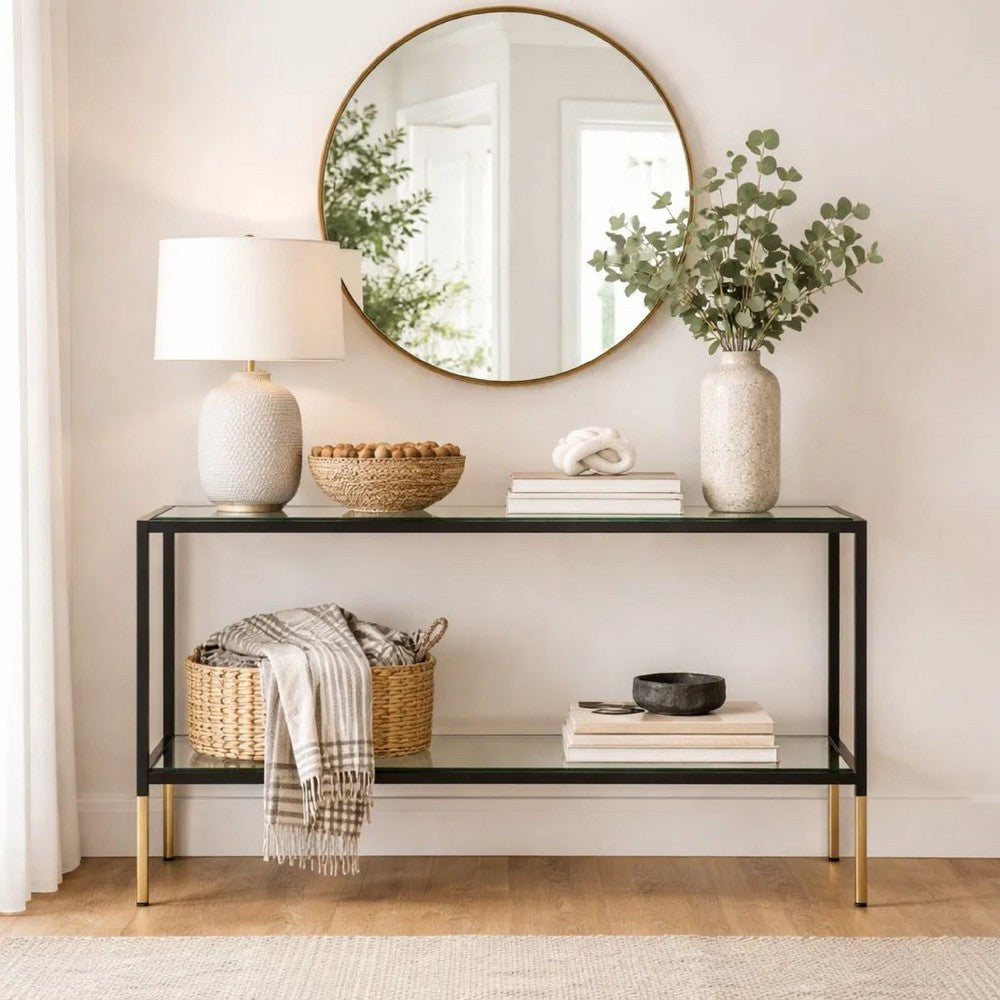 Beny Sofa Console Table, 48 Inch Glass Top, 1 Shelf, Modern Black Iron - BM346812