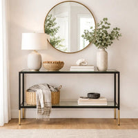 Beny Sofa Console Table, 48 Inch Glass Top, 1 Shelf, Modern Black Iron - BM346812