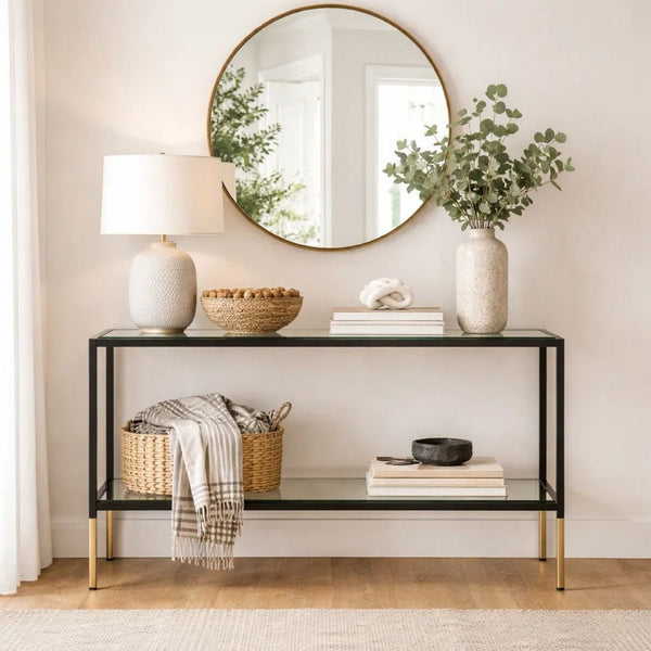 Beny Sofa Console Table, 48 Inch Glass Top, 1 Shelf, Modern Black Iron - BM346812