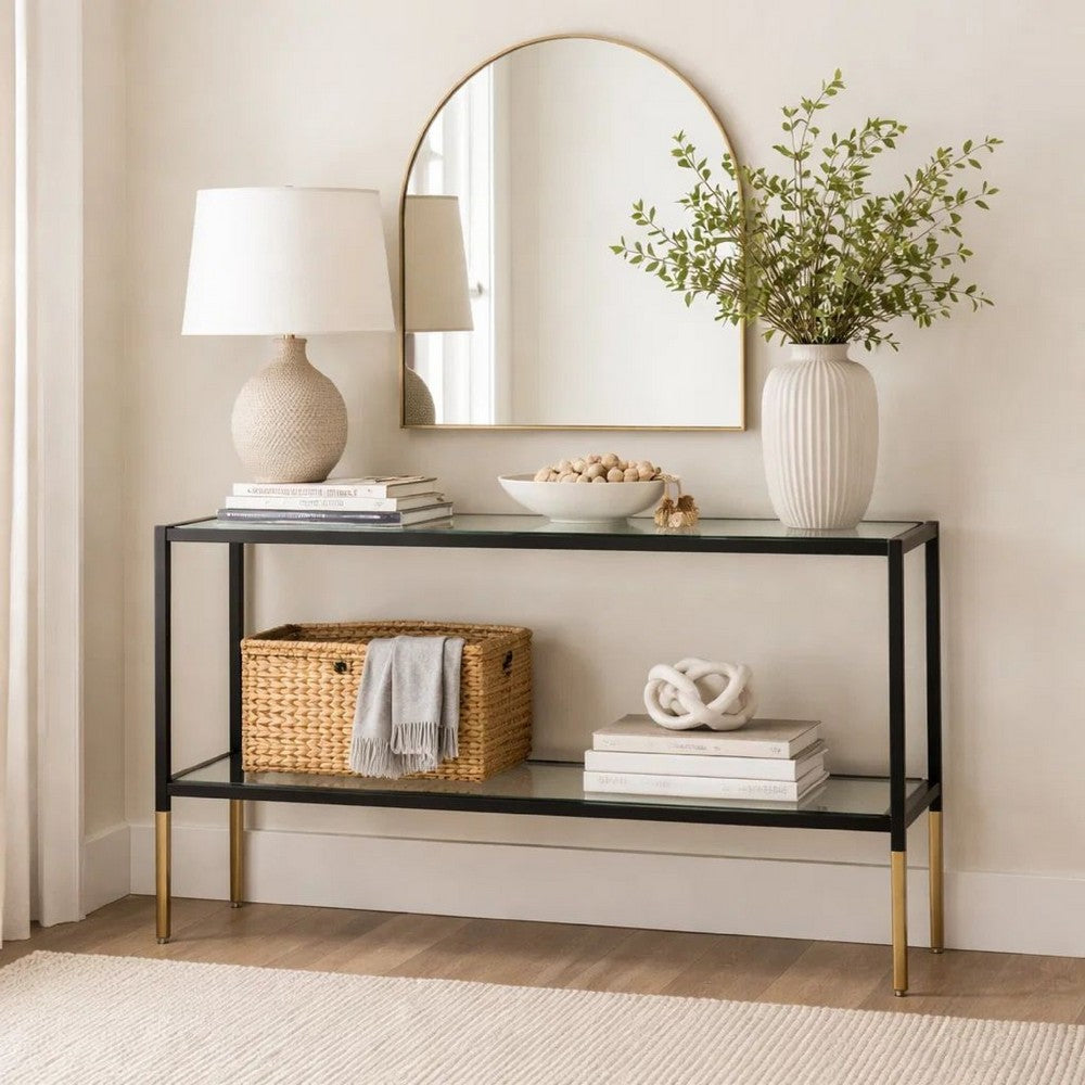 Beny Sofa Console Table, 48 Inch Glass Top, 1 Shelf, Modern Black Iron - BM346812