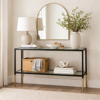 Beny Sofa Console Table, 48 Inch Glass Top, 1 Shelf, Modern Black Iron - BM346812