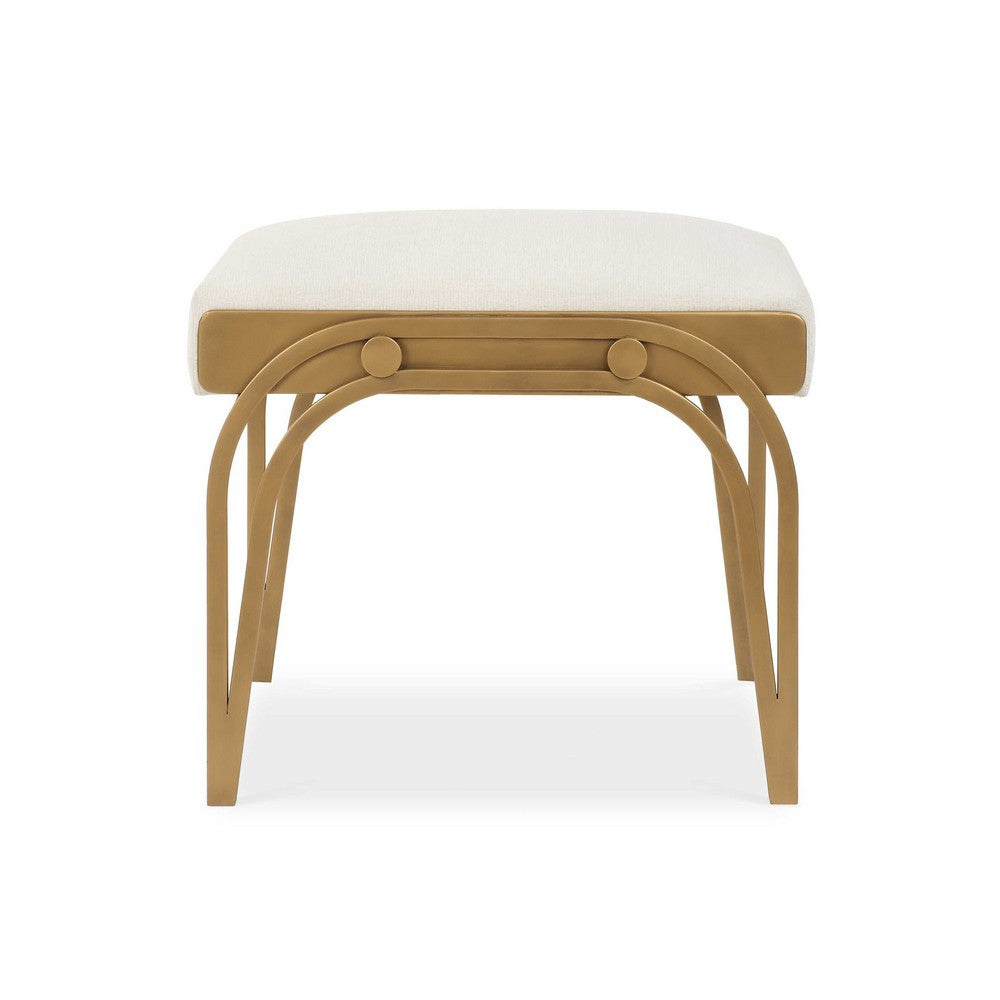 Nia Accent Bench, 24 Inch Cream White Cushioned Seat, Antique Brass Iron - BM346813