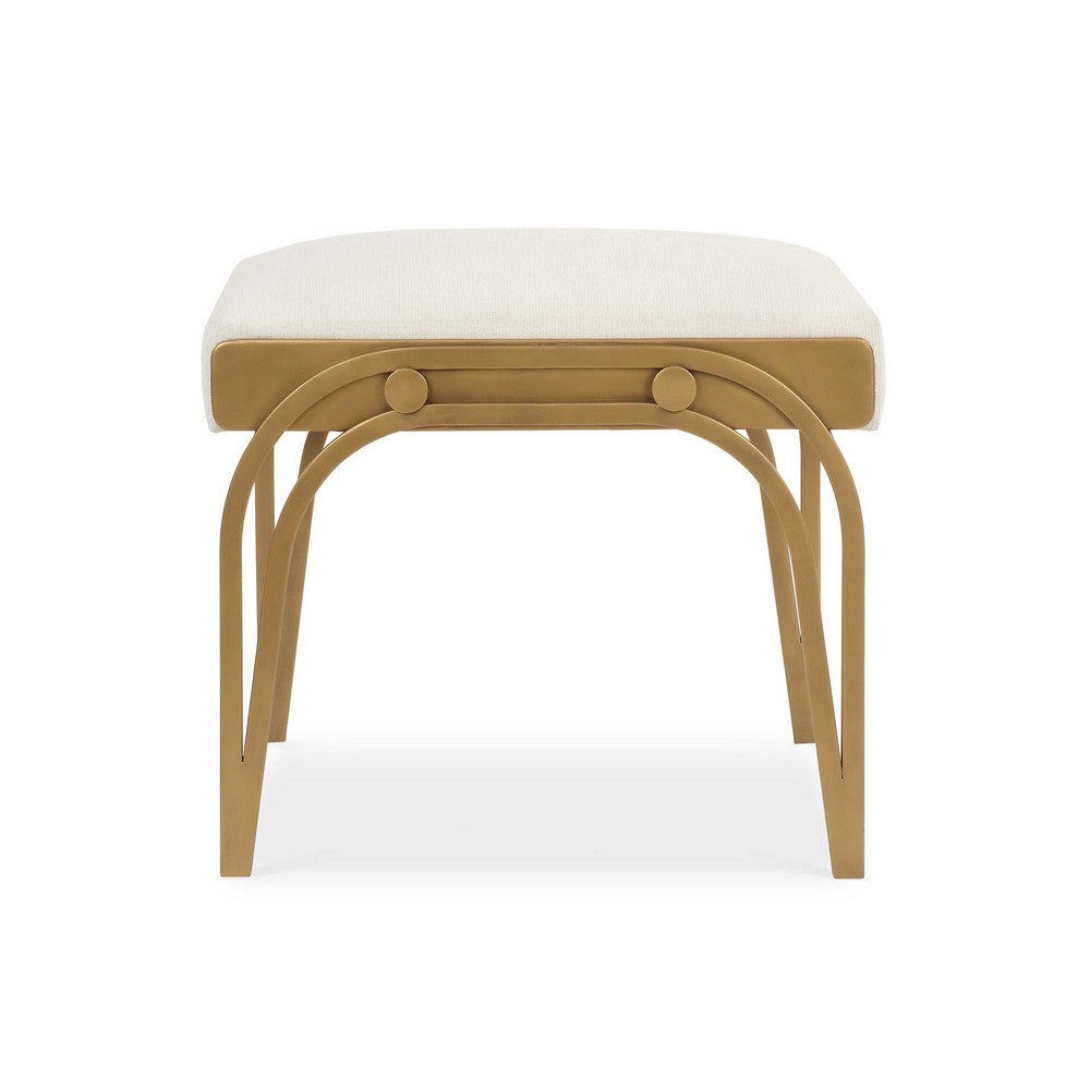 Nia Accent Bench, 24 Inch Cream White Cushioned Seat, Antique Brass Iron - BM346813
