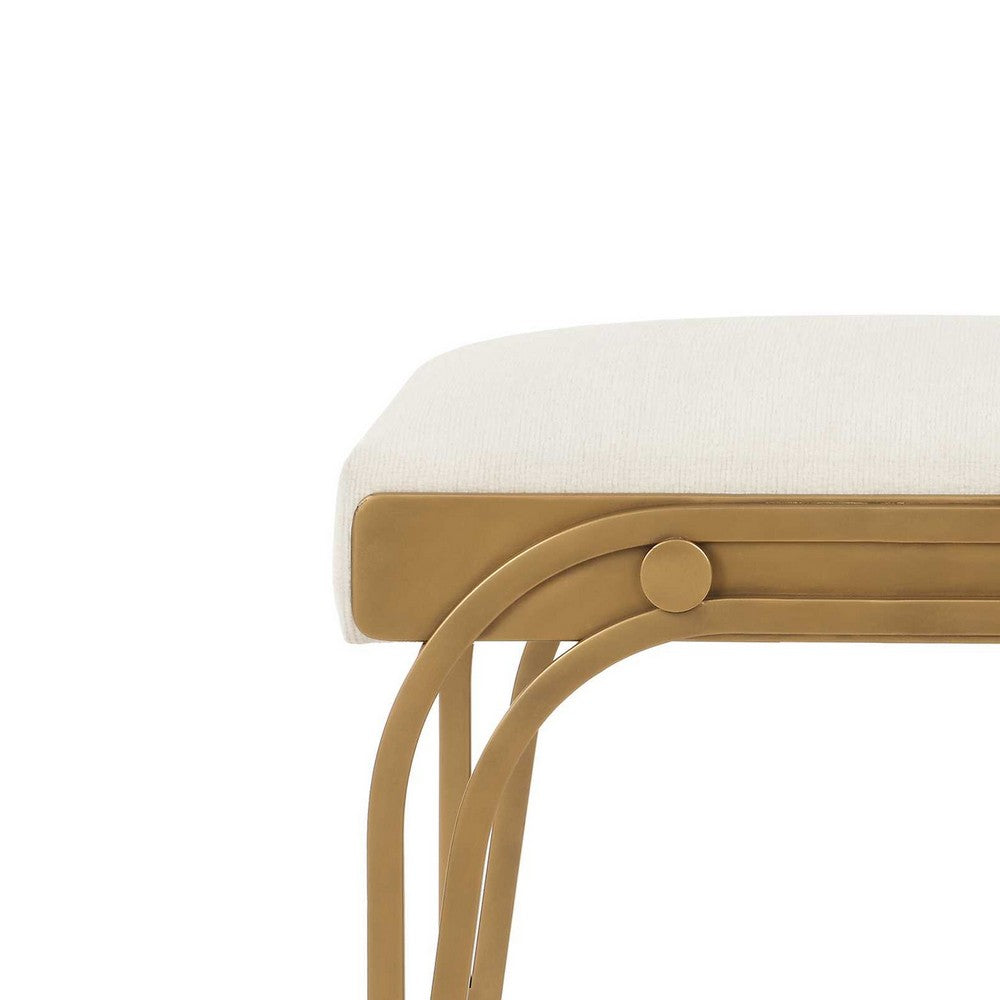 Nia Accent Bench, 24 Inch Cream White Cushioned Seat, Antique Brass Iron - BM346813
