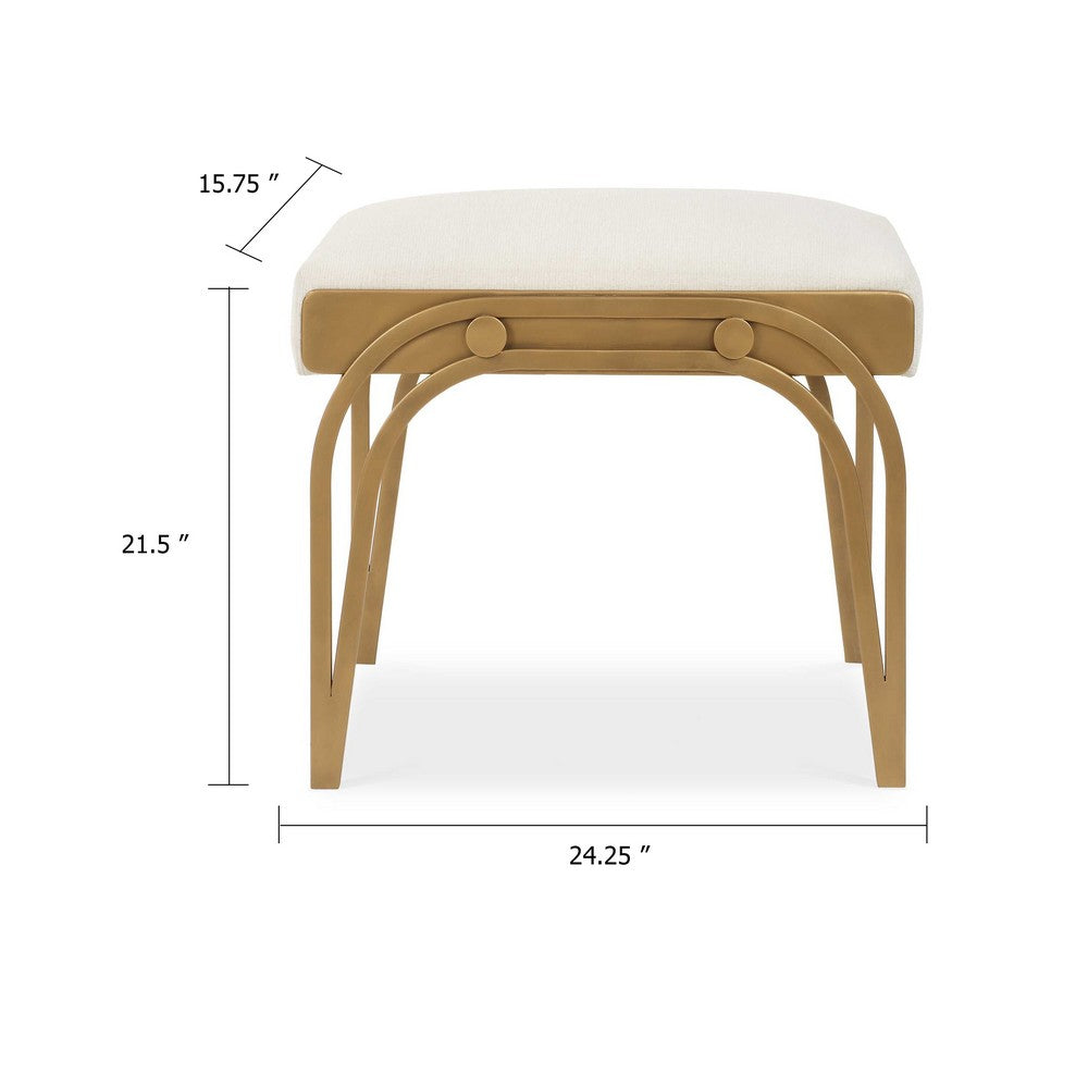 Nia Accent Bench, 24 Inch Cream White Cushioned Seat, Antique Brass Iron - BM346813