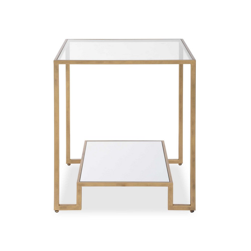 Kix Side End Table, 20 Inch Square Glass Top, Open Shelf, Antique Gold - BM346814