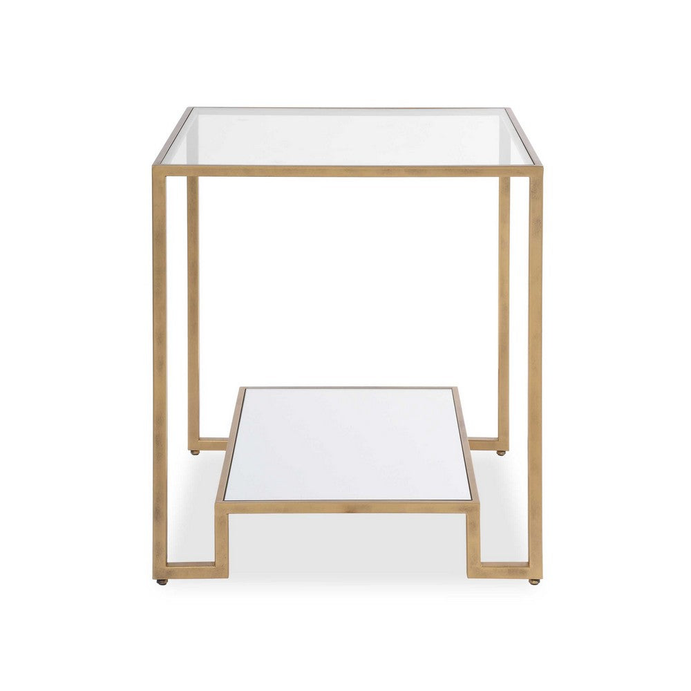 Kix Side End Table, 20 Inch Square Glass Top, Open Shelf, Antique Gold - BM346814