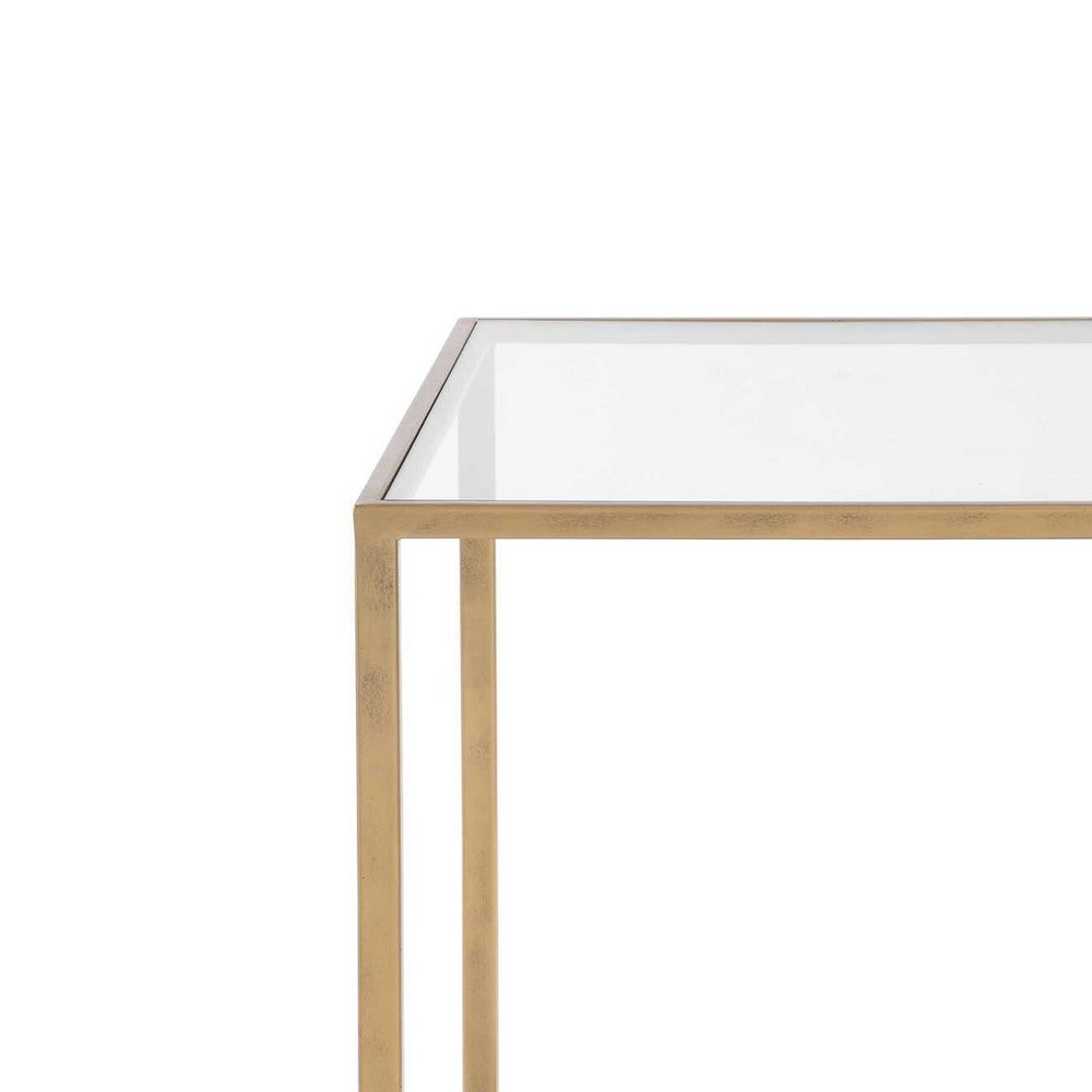 Kix Side End Table, 20 Inch Square Glass Top, Open Shelf, Antique Gold - BM346814