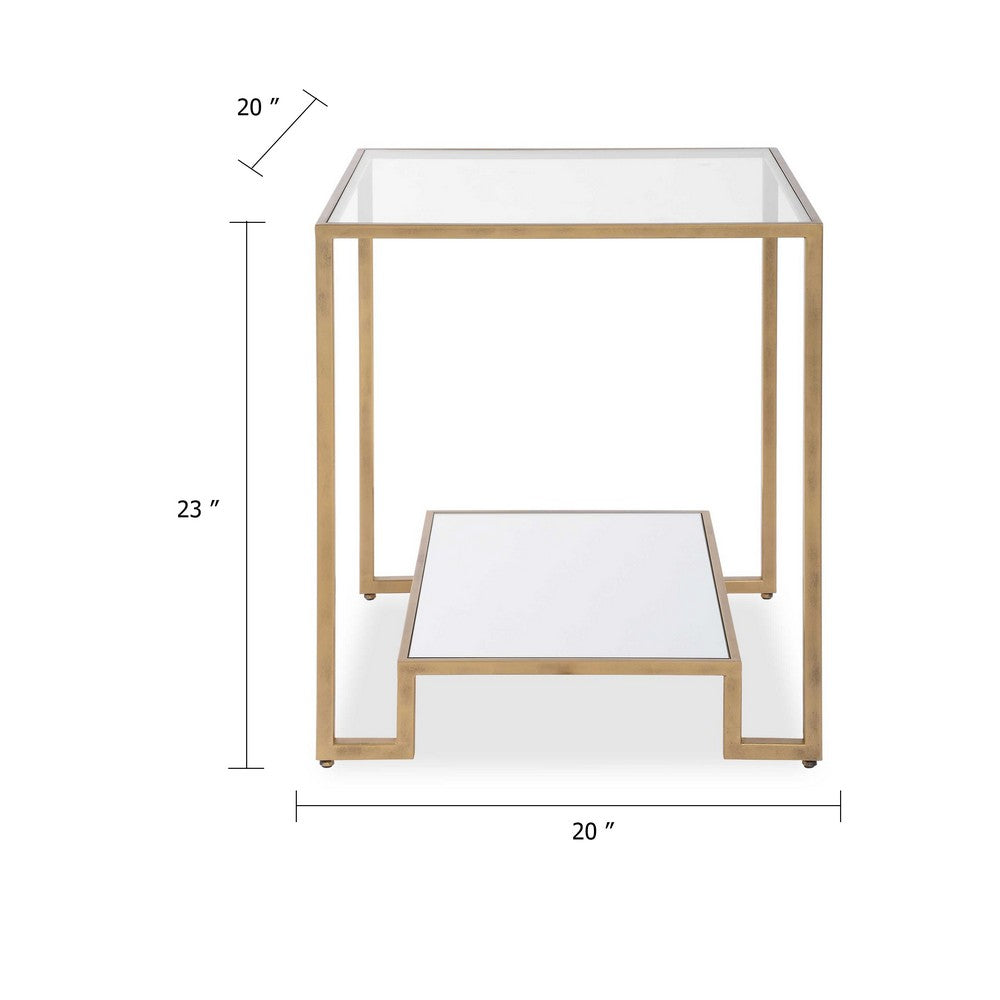 Kix Side End Table, 20 Inch Square Glass Top, Open Shelf, Antique Gold - BM346814