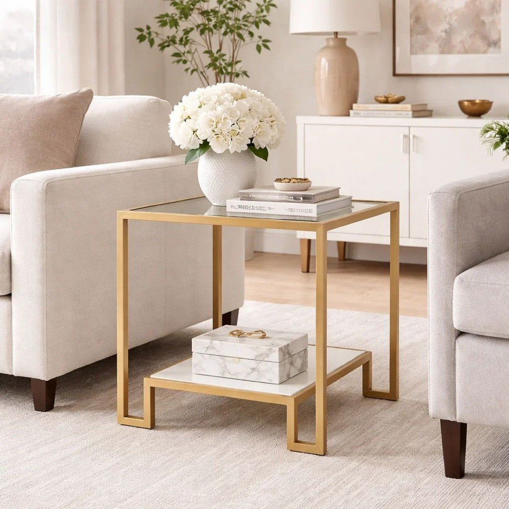 Kix Side End Table, 20 Inch Square Glass Top, Open Shelf, Antique Gold - BM346814