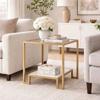 Kix Side End Table, 20 Inch Square Glass Top, Open Shelf, Antique Gold - BM346814