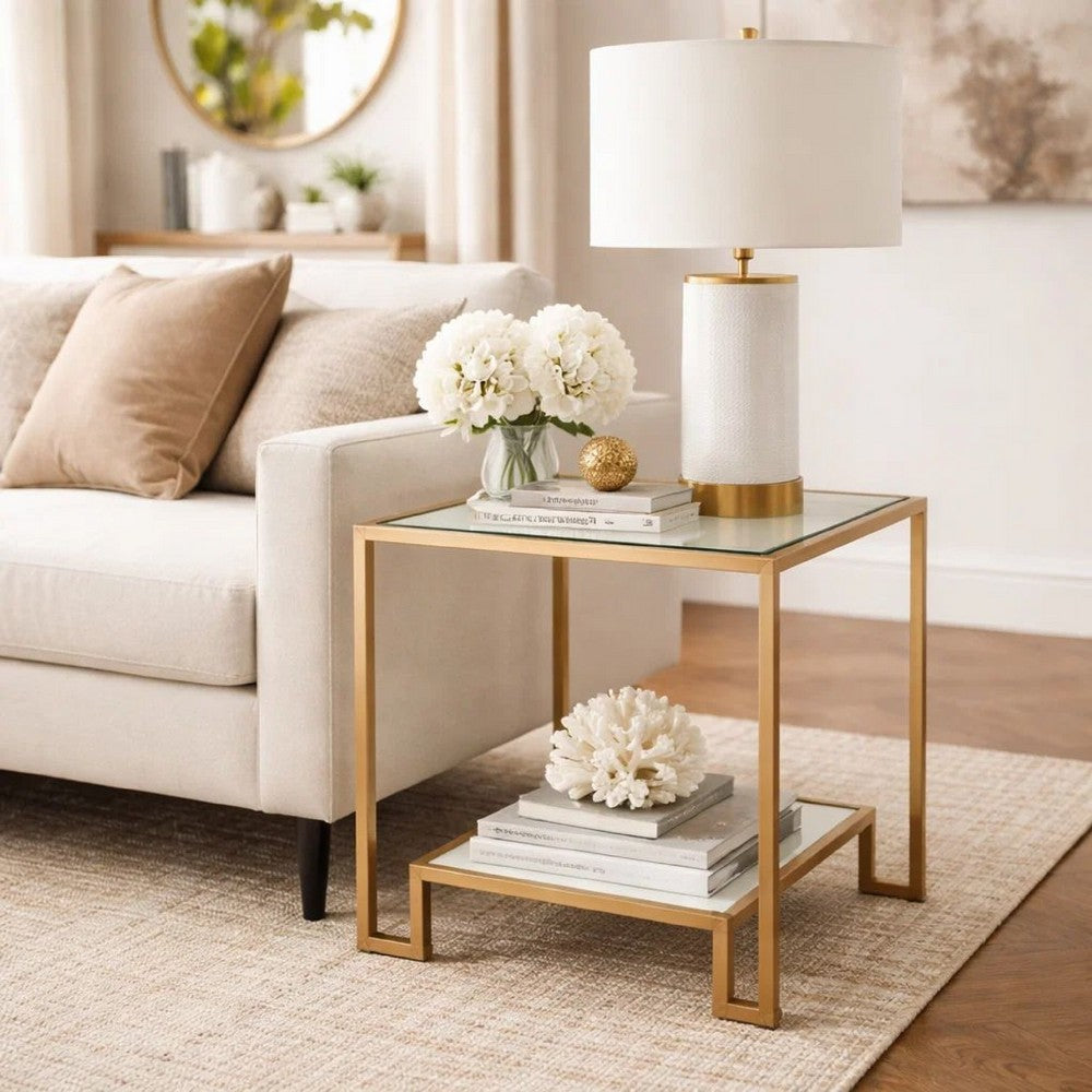 Kix Side End Table, 20 Inch Square Glass Top, Open Shelf, Antique Gold - BM346814