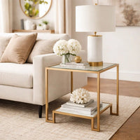 Kix Side End Table, 20 Inch Square Glass Top, Open Shelf, Antique Gold - BM346814