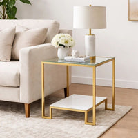 Kix Side End Table, 20 Inch Square Glass Top, Open Shelf, Antique Gold - BM346814