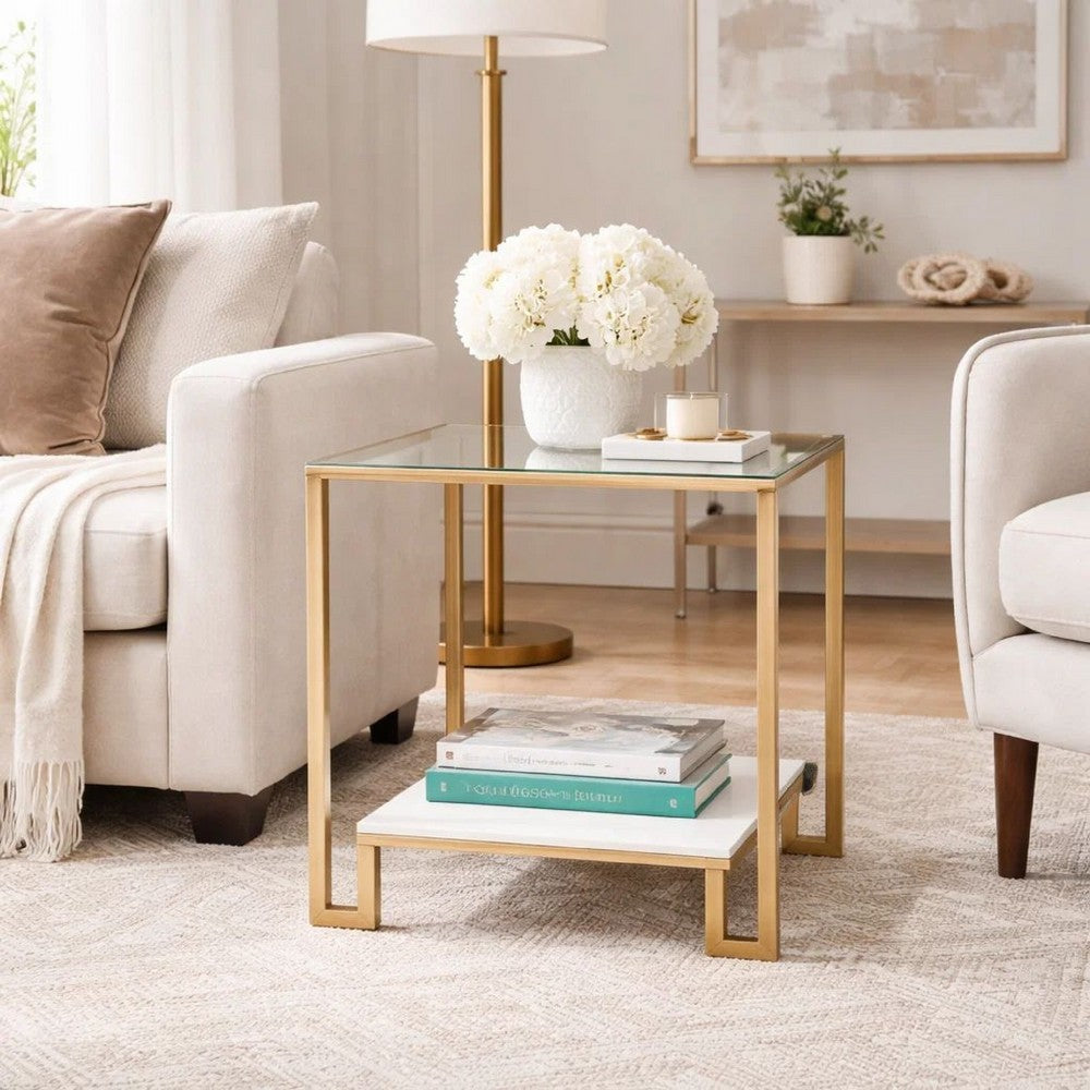 Kix Side End Table, 20 Inch Square Glass Top, Open Shelf, Antique Gold - BM346814