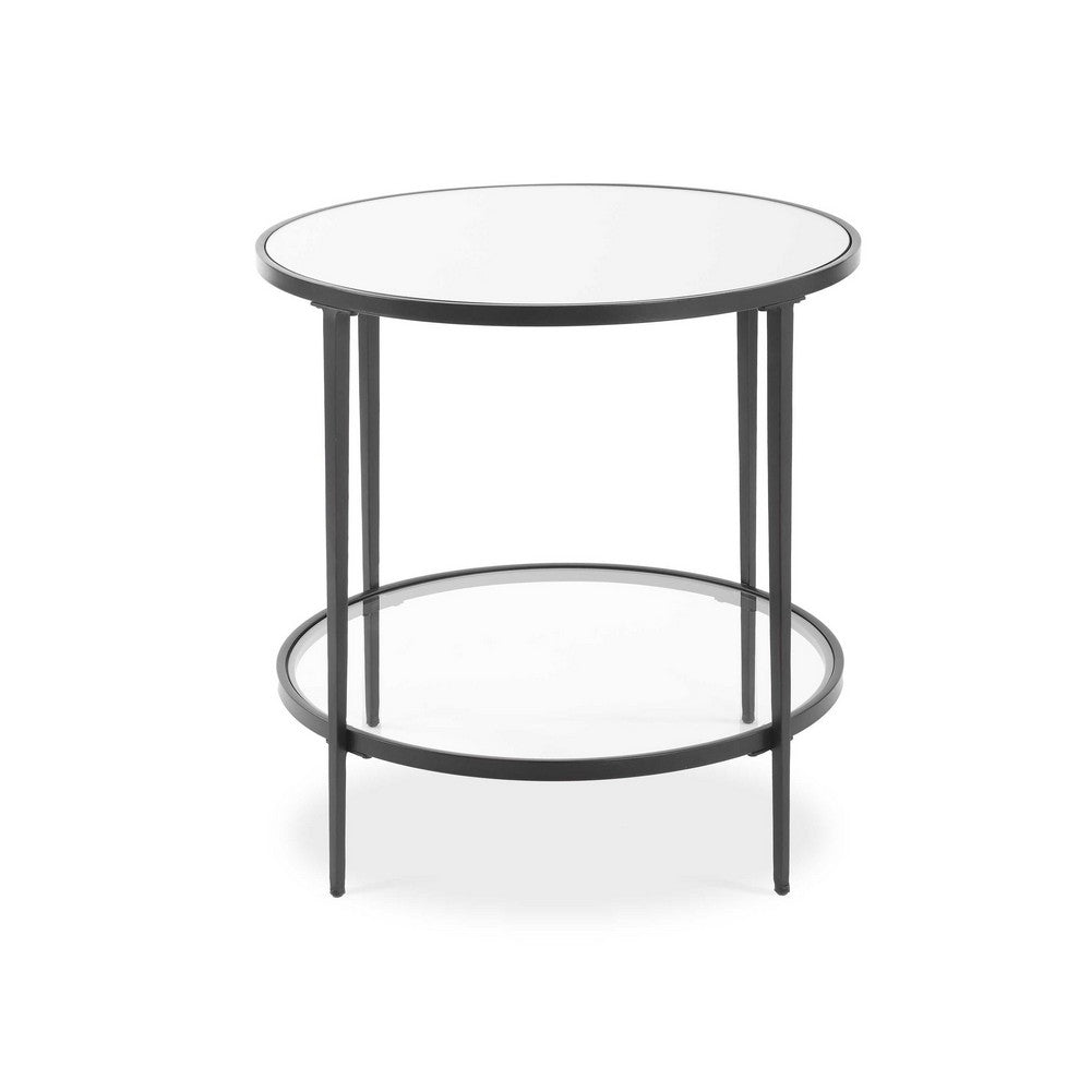 Lify Side End Table, 24 Inch Round Mirrored Top, Open Shelf, Black - BM346815