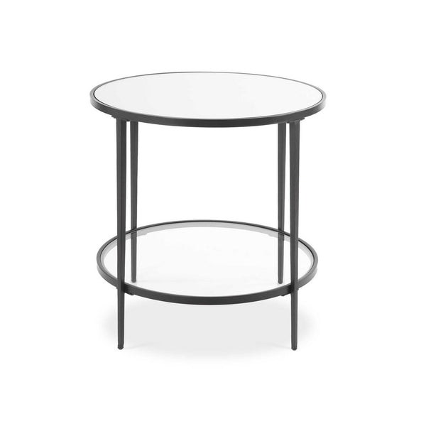 Lify Side End Table, 24 Inch Round Mirrored Top, Open Shelf, Black - BM346815