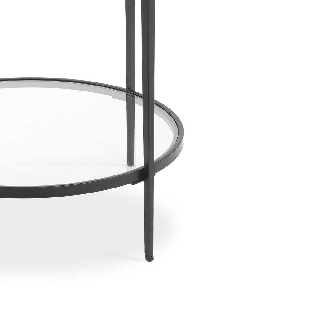 Lify Side End Table, 24 Inch Round Mirrored Top, Open Shelf, Black - BM346815