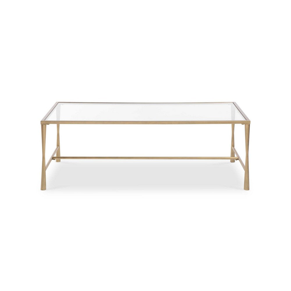 Ova Coffee Table, 47 Inch Rectangular Glass Top, Antique Gold Iron - BM346816