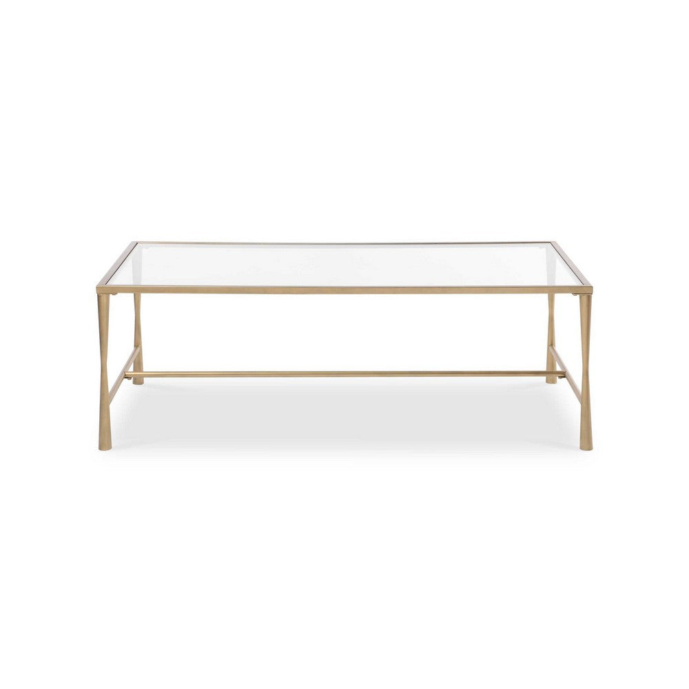 Ova Coffee Table, 47 Inch Rectangular Glass Top, Antique Gold Iron - BM346816