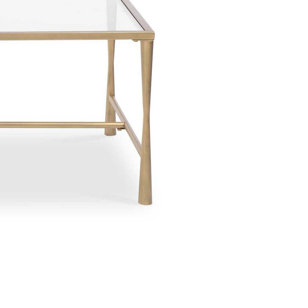 Ova Coffee Table, 47 Inch Rectangular Glass Top, Antique Gold Iron - BM346816