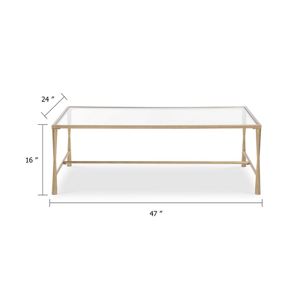 Ova Coffee Table, 47 Inch Rectangular Glass Top, Antique Gold Iron - BM346816