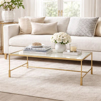 Ova Coffee Table, 47 Inch Rectangular Glass Top, Antique Gold Iron - BM346816
