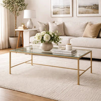 Ova Coffee Table, 47 Inch Rectangular Glass Top, Antique Gold Iron - BM346816
