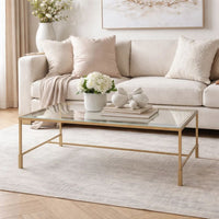 Ova Coffee Table, 47 Inch Rectangular Glass Top, Antique Gold Iron - BM346816