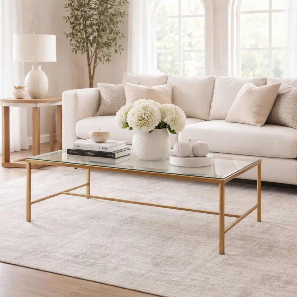 Ova Coffee Table, 47 Inch Rectangular Glass Top, Antique Gold Iron - BM346816