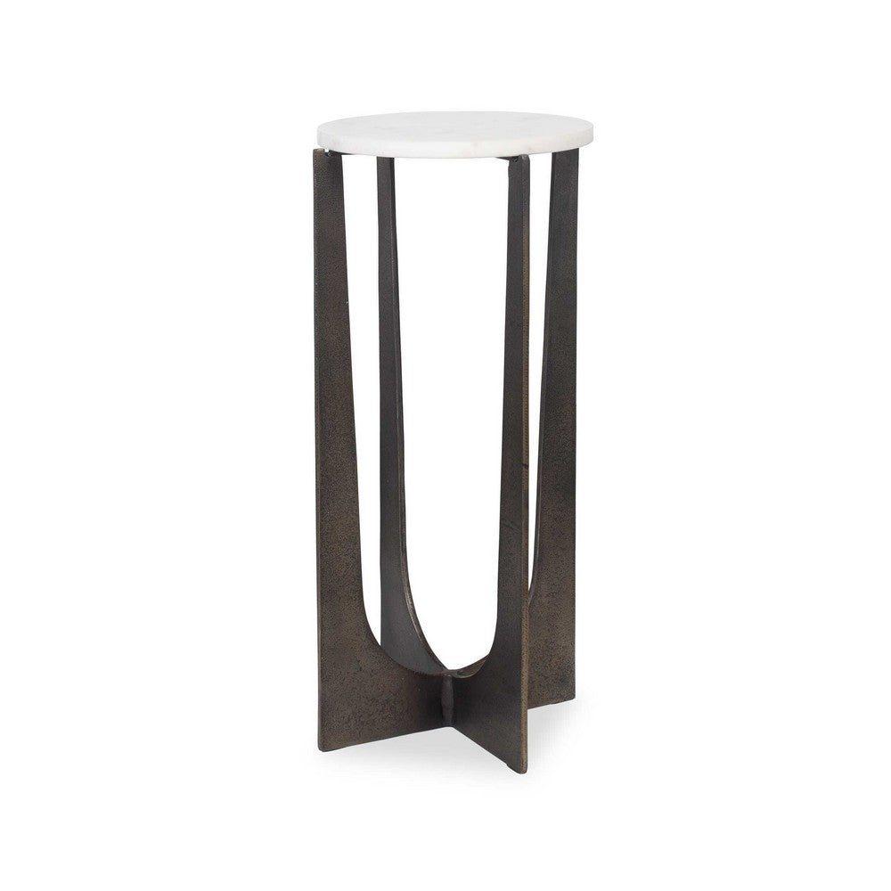 Dery Accent Table, 12 Inch Round White Marble Top, Brass Bronze Legs - BM346817