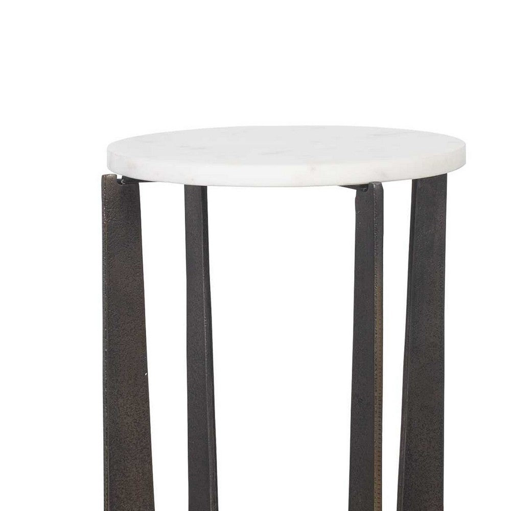 Dery Accent Table, 12 Inch Round White Marble Top, Brass Bronze Legs - BM346817