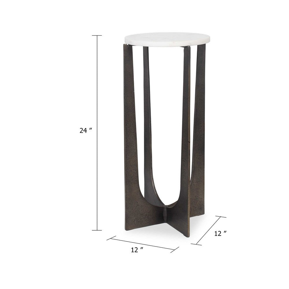 Dery Accent Table, 12 Inch Round White Marble Top, Brass Bronze Legs - BM346817