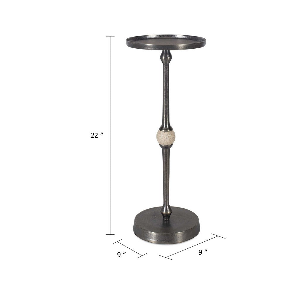 Acy Accent Table, 9 Inch Metal Top, Round Travertine Insert, Dark Bronze - BM346818