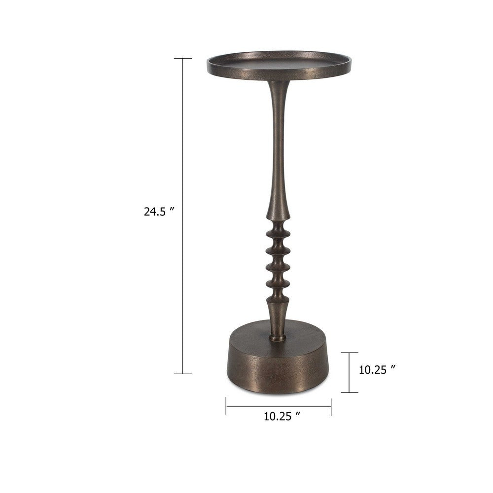 Teo Accent Table, 10 Inch Round Top, Ribbed Bronze Iron Central Pole - BM346821