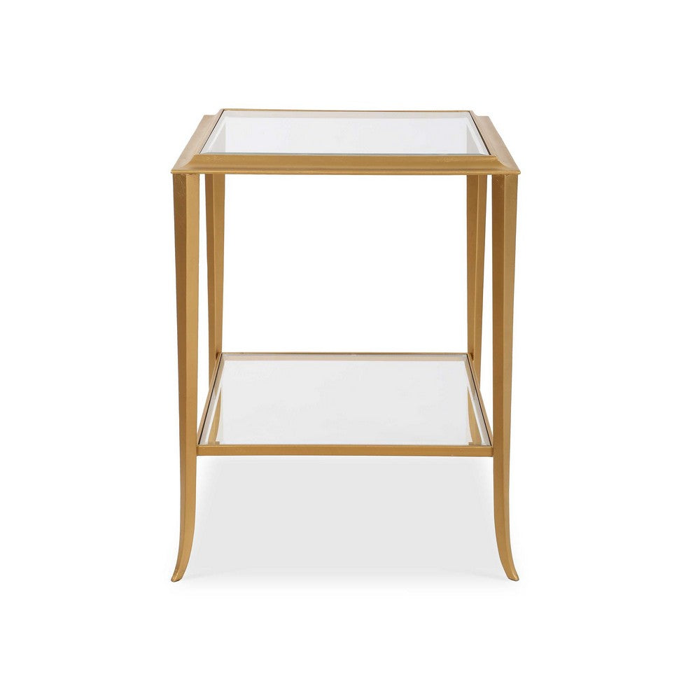Fer Accent Table, 18 Inch Glass Top, Bottom Open Shelf, Gold Leaf Iron - BM346822