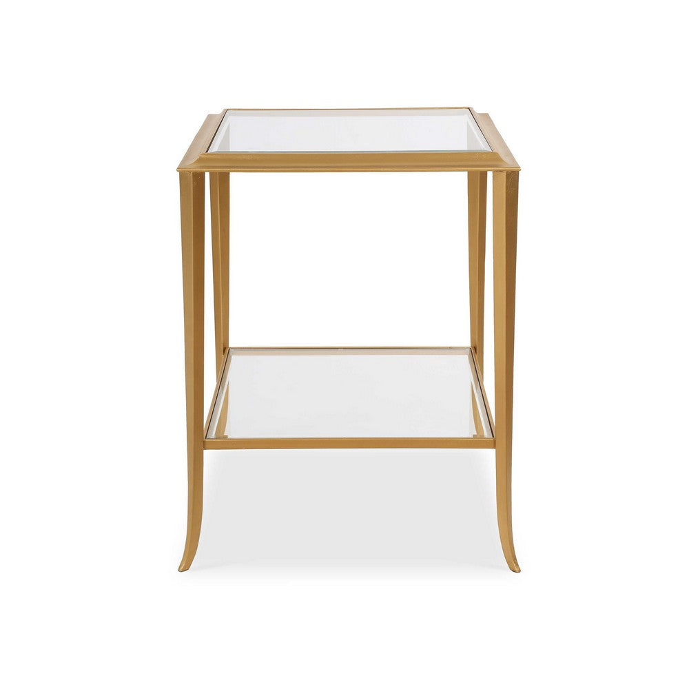 Fer Accent Table, 18 Inch Glass Top, Bottom Open Shelf, Gold Leaf Iron - BM346822