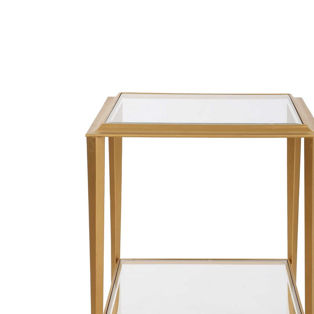 Fer Accent Table, 18 Inch Glass Top, Bottom Open Shelf, Gold Leaf Iron - BM346822